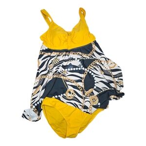 women's tankini swimsuit featuring a yellow top and a Zebra Print With Chains XL